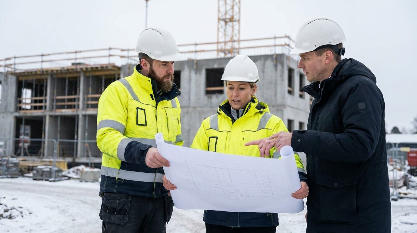 Byggkonsulter går igenom ritningar på en byggarbetsplats
